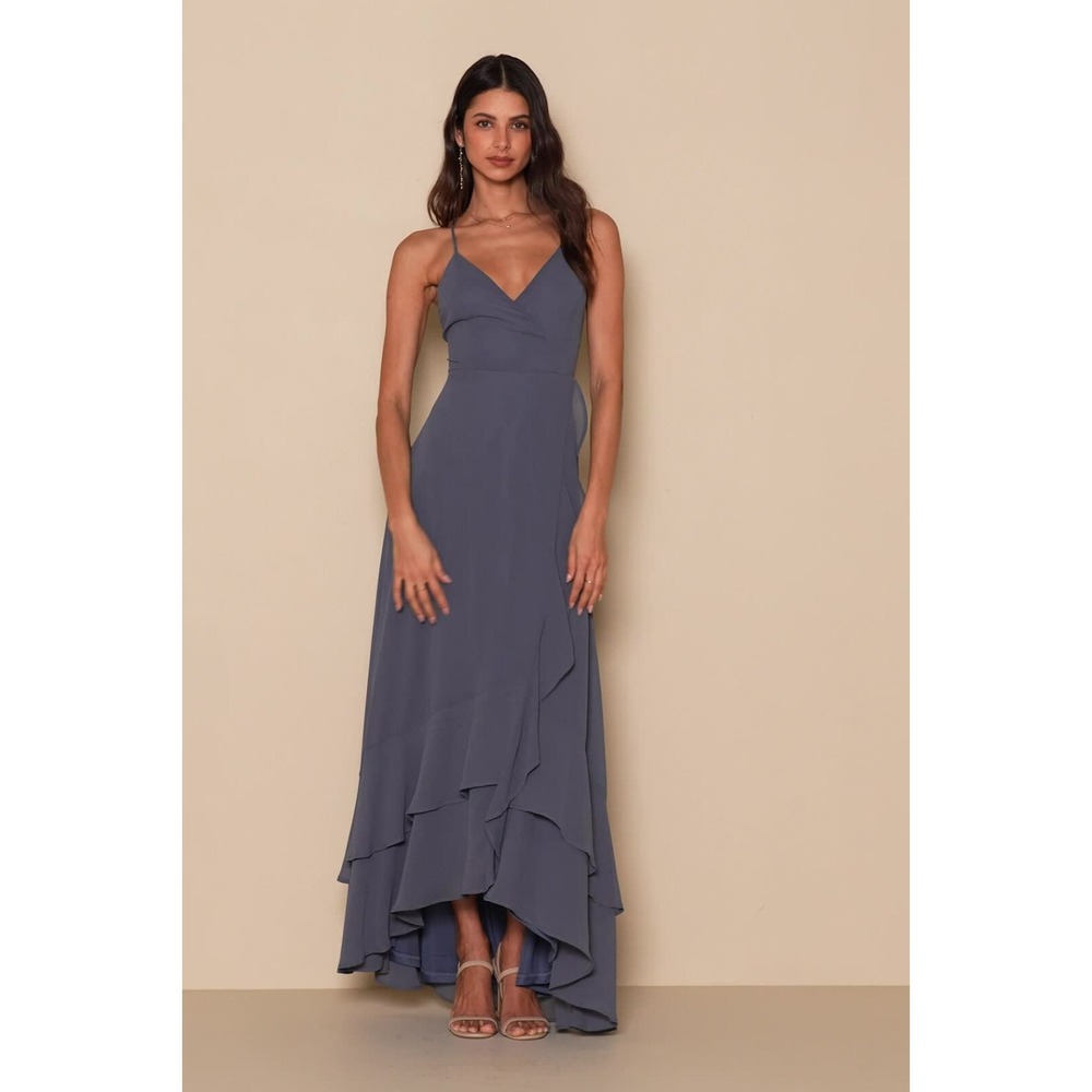 Lulus In Love Forever Granite Blue Lace-Up High-Low Maxi Dress Granite Blue Sz S